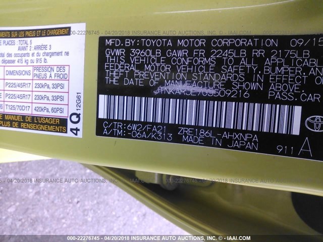 JTNKARJE7GJ509216 - 2016 TOYOTA SCION IM GREEN photo 9