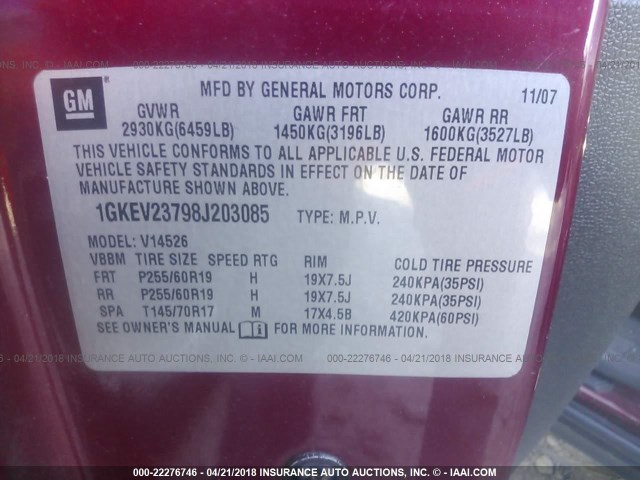 1GKEV23798J203085 - 2008 GMC ACADIA SLT-1 Rot Foto 9