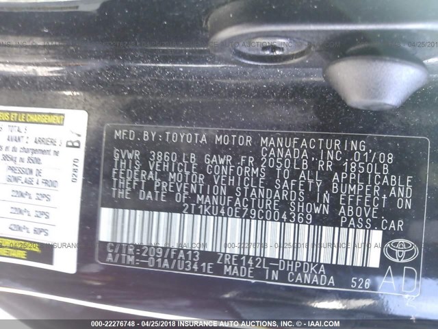 2T1KU40E79C004369 - 2009 TOYOTA COROLLA MATRIX  BLACK photo 9