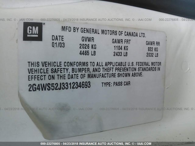 2G4WS52J331234693 - 2003 BUICK CENTURY CUSTOM WHITE photo 9