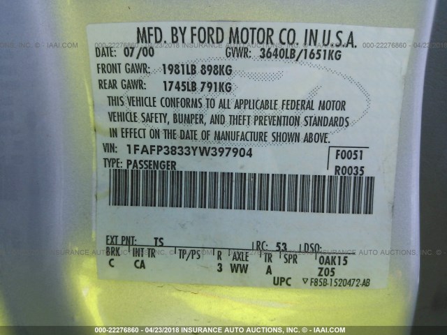 1FAFP3833YW397904 - 2000 FORD FOCUS ZTS SILVER photo 9