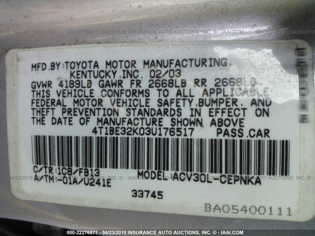 4T1BE32K03U176517 - 2003 TOYOTA CAMRY LE/XLE/SE SILVER photo 9