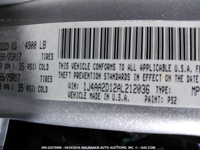 1J4AA2D12AL212036 - 2010 JEEP WRANGLER SPORT SILVER photo 9
