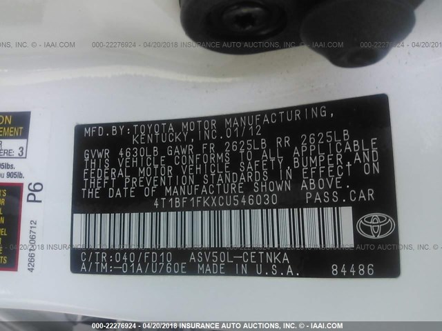 4T1BF1FKXCU546030 - 2012 TOYOTA CAMRY SE/LE/XLE WHITE photo 9