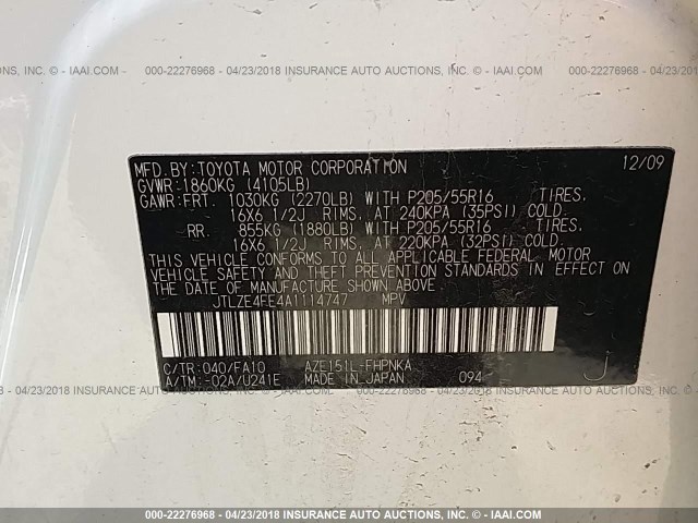 JTLZE4FE4A1114747 - 2010 TOYOTA SCION XB WHITE photo 9