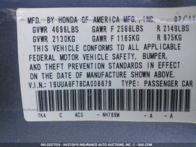 19UUA8F78CA008879 - 2012 ACURA TL BLUE photo 9