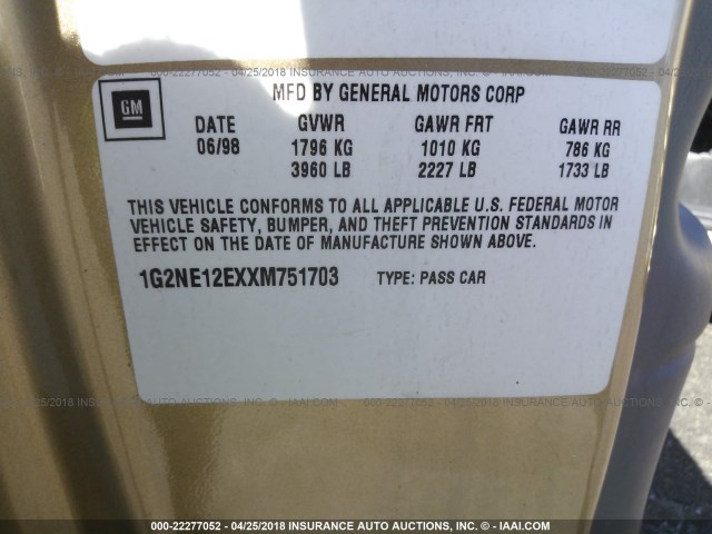 1G2NE12EXXM751703 - 1999 PONTIAC GRAND AM SE TAN photo 9