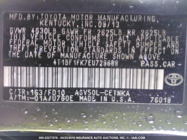 4T1BF1FK7EU728688 - 2014 TOYOTA CAMRY L/SE/LE/XLE GRAY photo 9