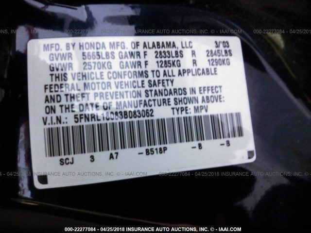 5FNRL18083B083062 - 2003 HONDA ODYSSEY EXL BLUE photo 9