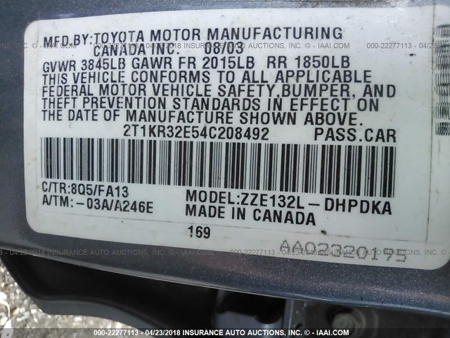 2T1KR32E54C208492 - 2004 TOYOTA COROLLA MATRIX XR BLUE photo 9