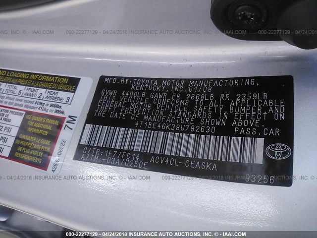 4T1BE46K38U782630 - 2008 TOYOTA CAMRY CE/LE/XLE/SE SILVER photo 9