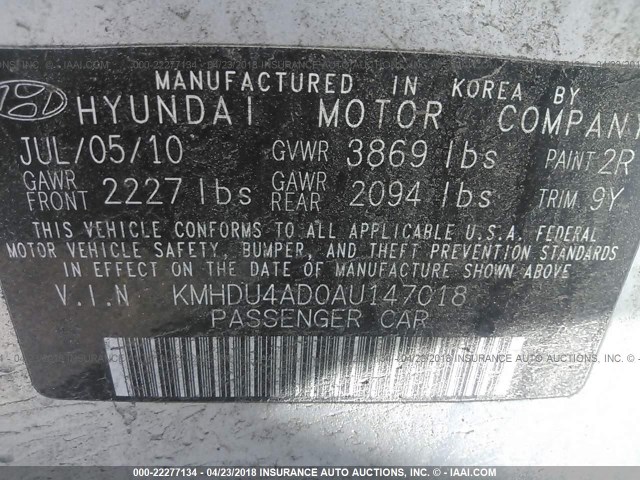 KMHDU4AD0AU147018 - 2010 HYUNDAI ELANTRA BLUE/GLS/SE SILVER photo 9