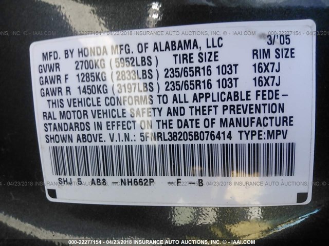 5FNRL38205B076414 - 2005 HONDA ODYSSEY LX GRAY photo 9