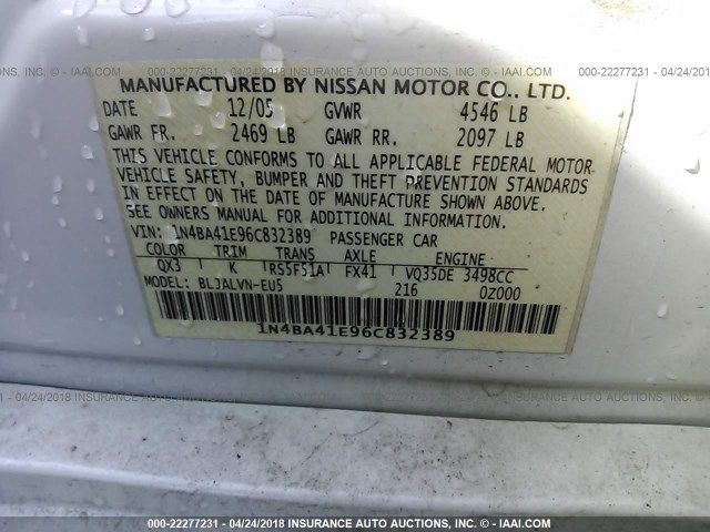 1N4BA41E96C832389 - 2006 NISSAN MAXIMA SE/SL WHITE photo 9