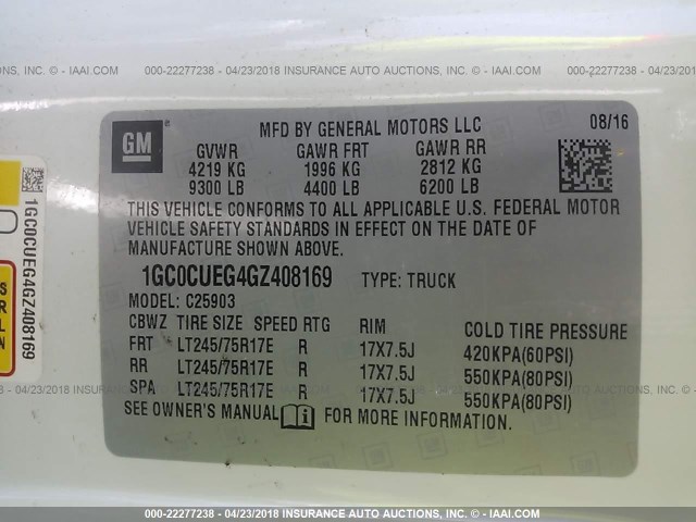 1GC0CUEG4GZ408169 - 2016 CHEVROLET SILVERADO C2500 HEAVY DUTY WHITE photo 9