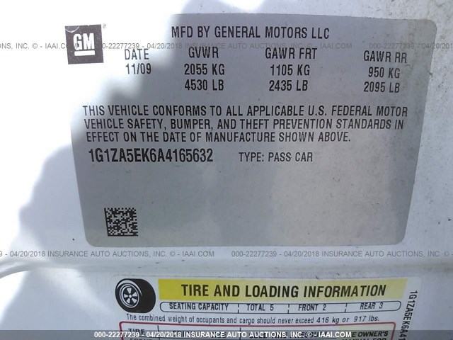 1G1ZA5EK6A4165632 - 2010 CHEVROLET MALIBU LS WHITE photo 9