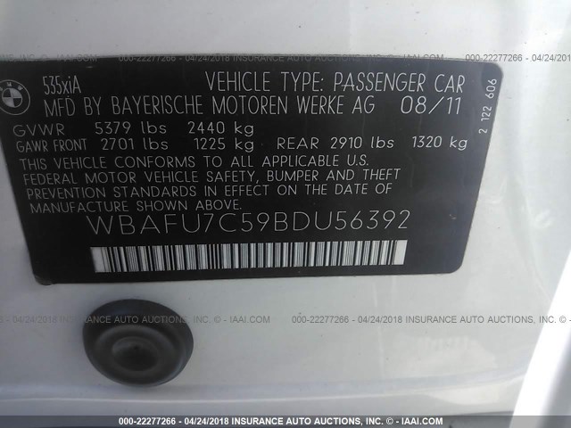 WBAFU7C59BDU56392 - 2011 BMW 535 XI WHITE photo 9