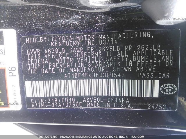 4T1BF1FK3EU393543 - 2014 TOYOTA CAMRY L/SE/LE/XLE 黑色 照片 9