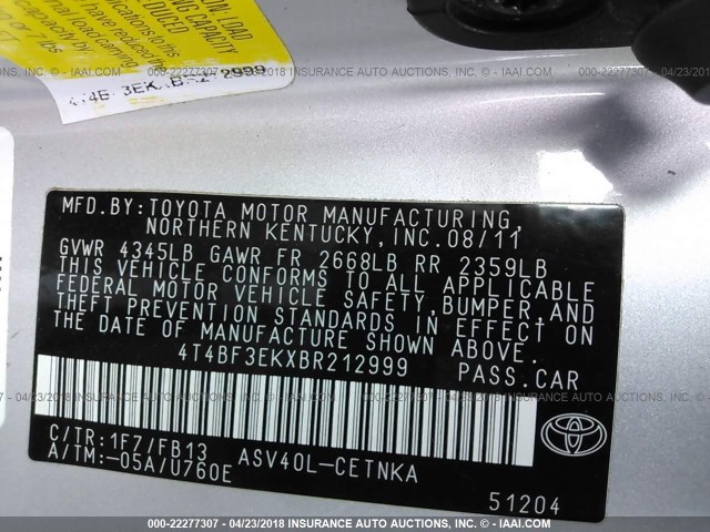 4T4BF3EKXBR212999 - 2011 TOYOTA CAMRY SE/LE/XLE SILVER photo 9
