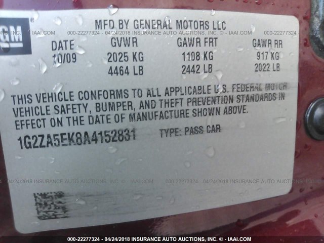 1G2ZA5EK8A4152831 - 2010 PONTIAC G6 RED photo 9