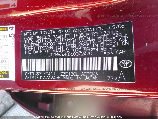 JTDBR32E860072470 - 2006 TOYOTA COROLLA CE/LE RED photo 9