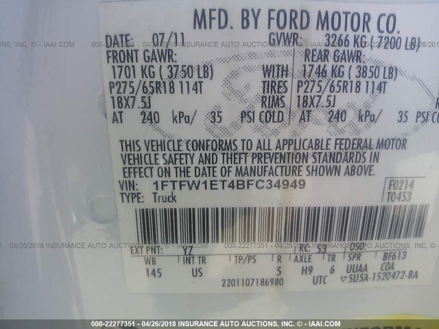 1FTFW1ET4BFC34949 - 2011 FORD F150 SUPERCREW WHITE photo 9
