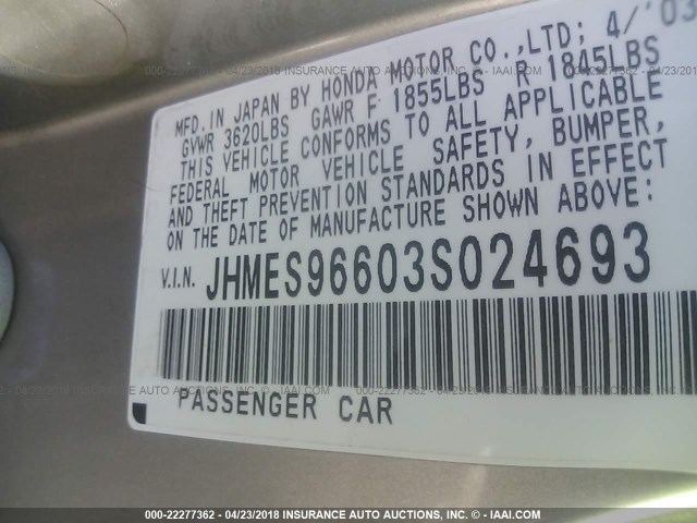 JHMES96603S024693 - 2003 HONDA CIVIC HYBRID SILVER photo 9