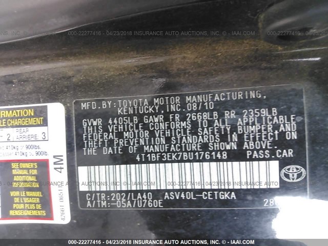 4T1BF3EK7BU176148 - 2011 TOYOTA CAMRY SE/LE/XLE BLACK photo 9