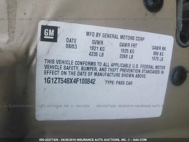 1G1ZT548X4F100842 - 2004 CHEVROLET MALIBU LS 金色 照片 9