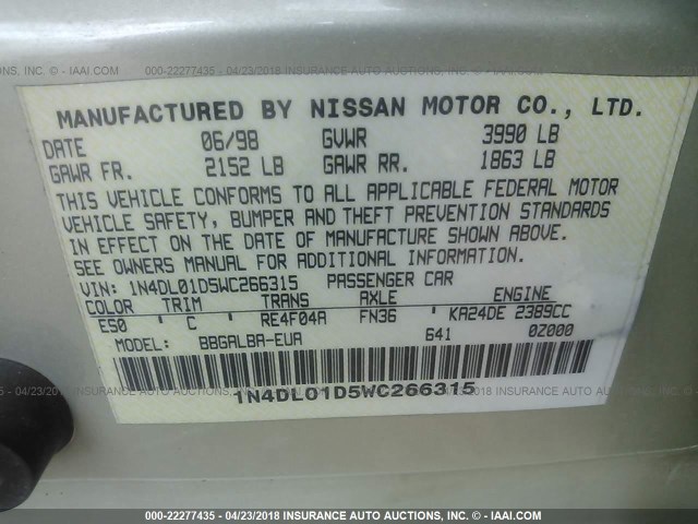 1N4DL01D5WC266315 - 1998 NISSAN ALTIMA XE/GXE/SE/GLE BEIGE photo 9