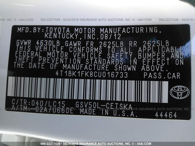 4T1BK1FK8CU016733 - 2012 TOYOTA CAMRY SE/XLE WHITE photo 9