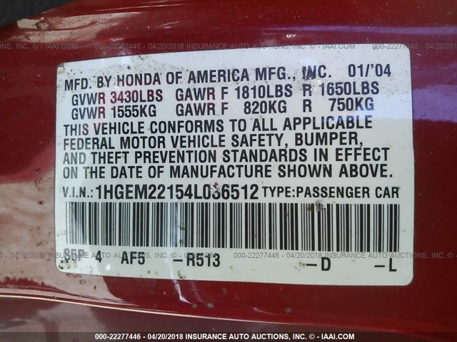1HGEM22154L036512 - 2004 HONDA CIVIC DX VP RED photo 9