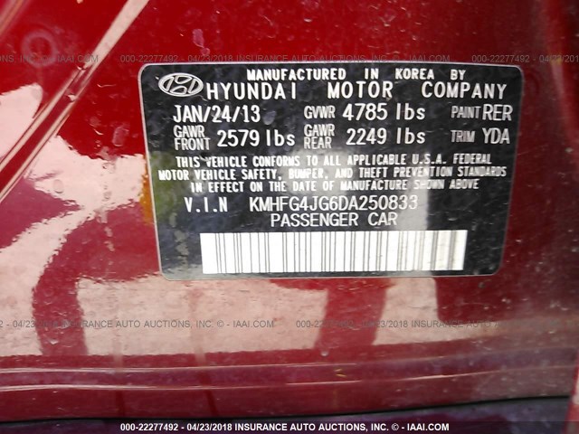 KMHFG4JG6DA250833 - 2013 HYUNDAI AZERA BURGUNDY photo 9