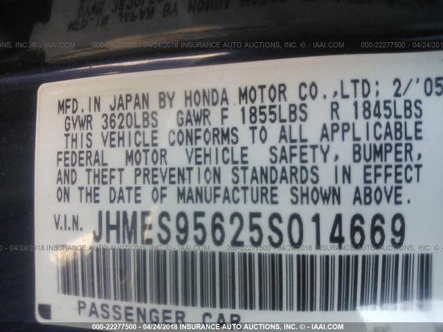 JHMES95625S014669 - 2005 HONDA CIVIC HYBRID BLUE photo 9