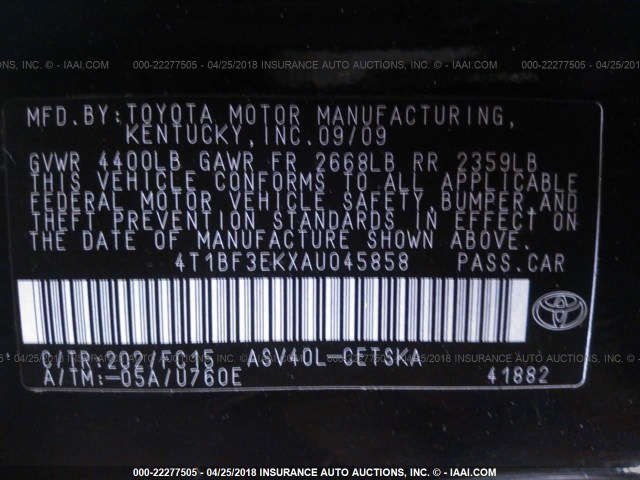 4T1BF3EKXAU045858 - 2010 TOYOTA CAMRY SE/LE/XLE 黑色 照片 9