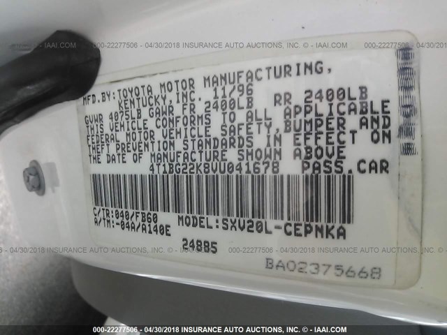 4T1BG22K8VU041678 - 1997 TOYOTA CAMRY CE/LE/XLE 白色 照片 9