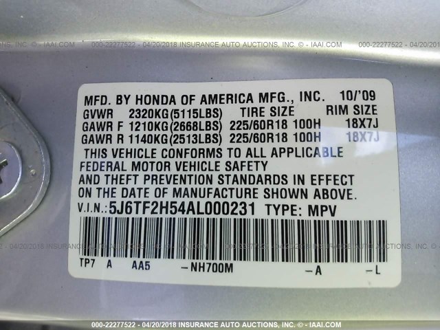 5J6TF2H54AL000231 - 2010 HONDA ACCORD CROSSTOUR EXL SILVER photo 9