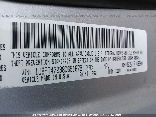 1J8FT47038D691679 - 2008 JEEP COMPASS SPORT GRAY photo 9