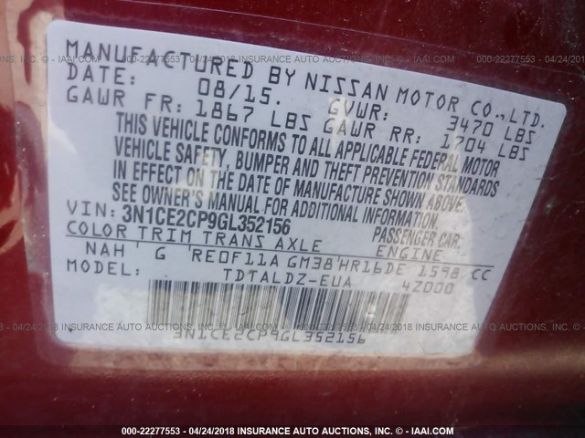 3N1CE2CP9GL352156 - 2016 NISSAN VERSA NOTE S/S PLUS/SV/SL/SR RED photo 9