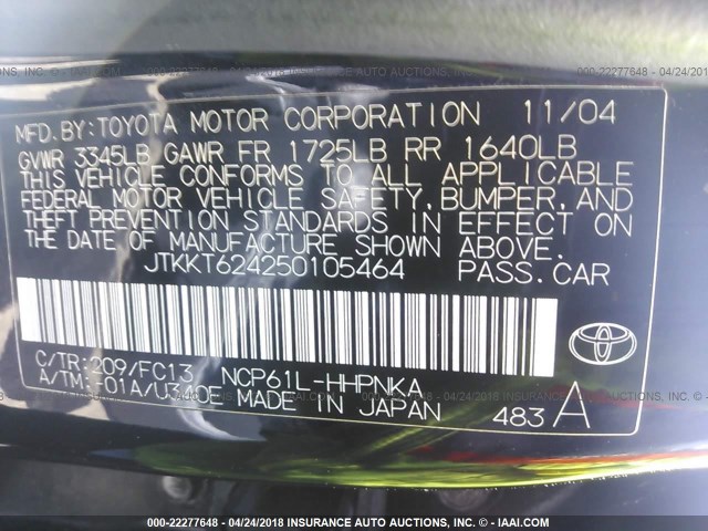 JTKKT624250105464 - 2005 TOYOTA SCION XA BLACK photo 9