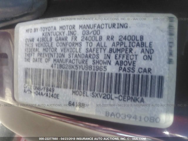 4T1BG28K5YU981965 - 2000 TOYOTA CAMRY CE/LE/XLE 红色 照片 9