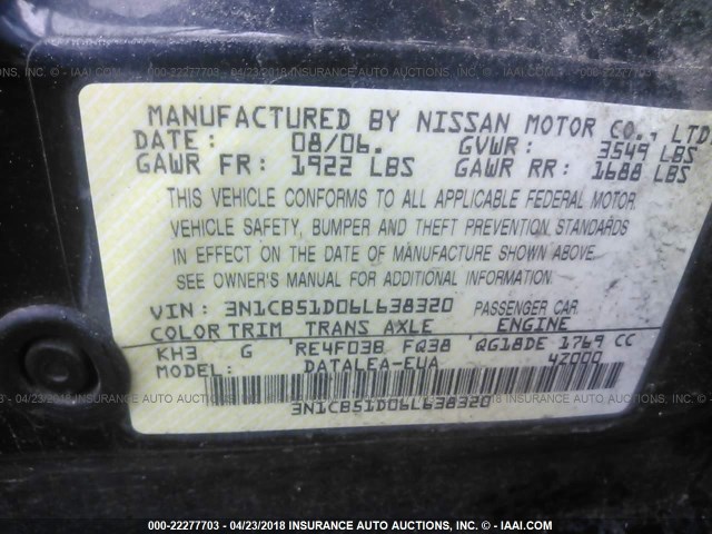 3N1CB51D06L638320 - 2006 NISSAN SENTRA 1.8/1.8S BLACK photo 9