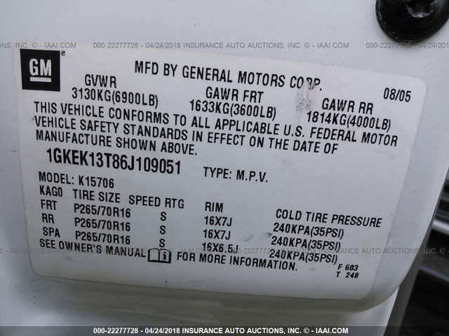 1GKEK13T86J109051 - 2006 GMC YUKON WHITE photo 9