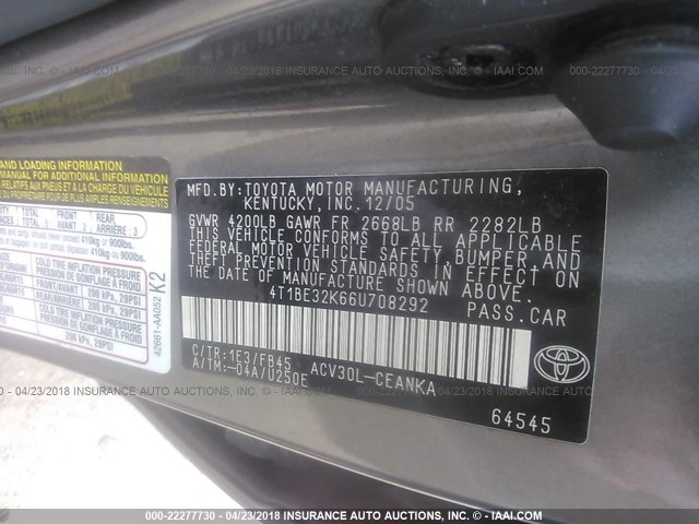 4T1BE32K66U708292 - 2006 TOYOTA CAMRY LE/XLE/SE GRAY photo 9