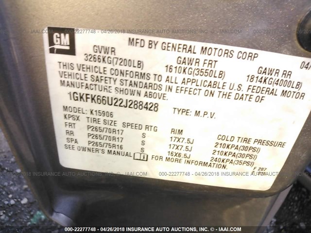 1GKFK66U22J288428 - 2002 GMC DENALI XL K1500 TAN photo 9