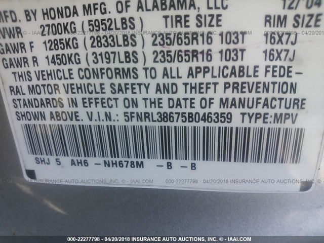 5FNRL38675B046359 - 2005 HONDA ODYSSEY EXL SILVER photo 9