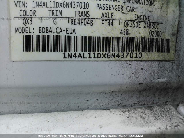 1N4AL11DX6N437010 - 2006 NISSAN ALTIMA S/SL WHITE photo 9