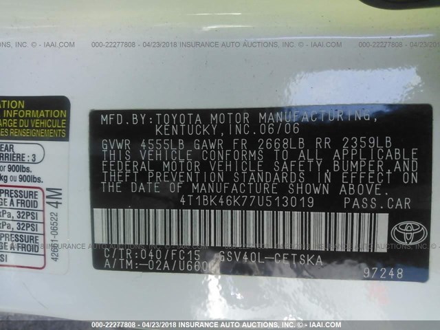 4T1BK46K77U513019 - 2007 TOYOTA CAMRY NEW GENERAT LE/XLE/SE WHITE photo 9