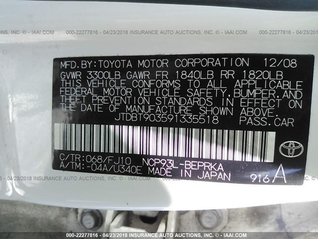 JTDBT903591335518 - 2009 TOYOTA YARIS WHITE photo 9