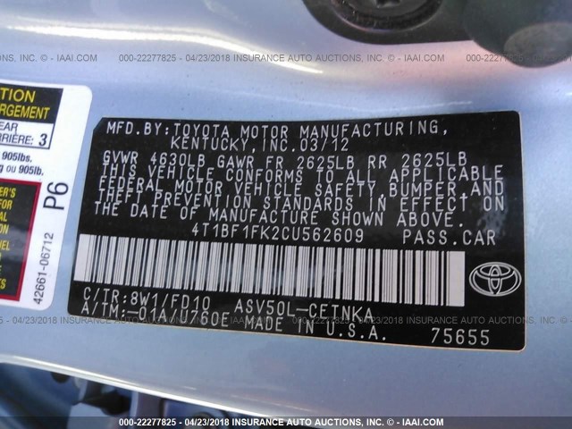 4T1BF1FK2CU562609 - 2012 TOYOTA CAMRY SE/LE/XLE Light Blue photo 9